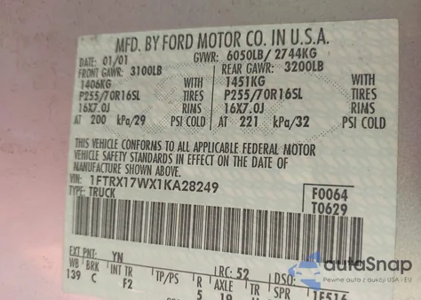 2001 Ford F-150 Lariat/Xl/Xlt from USA, damaged, VIN 1FTRX17WX1KA28249